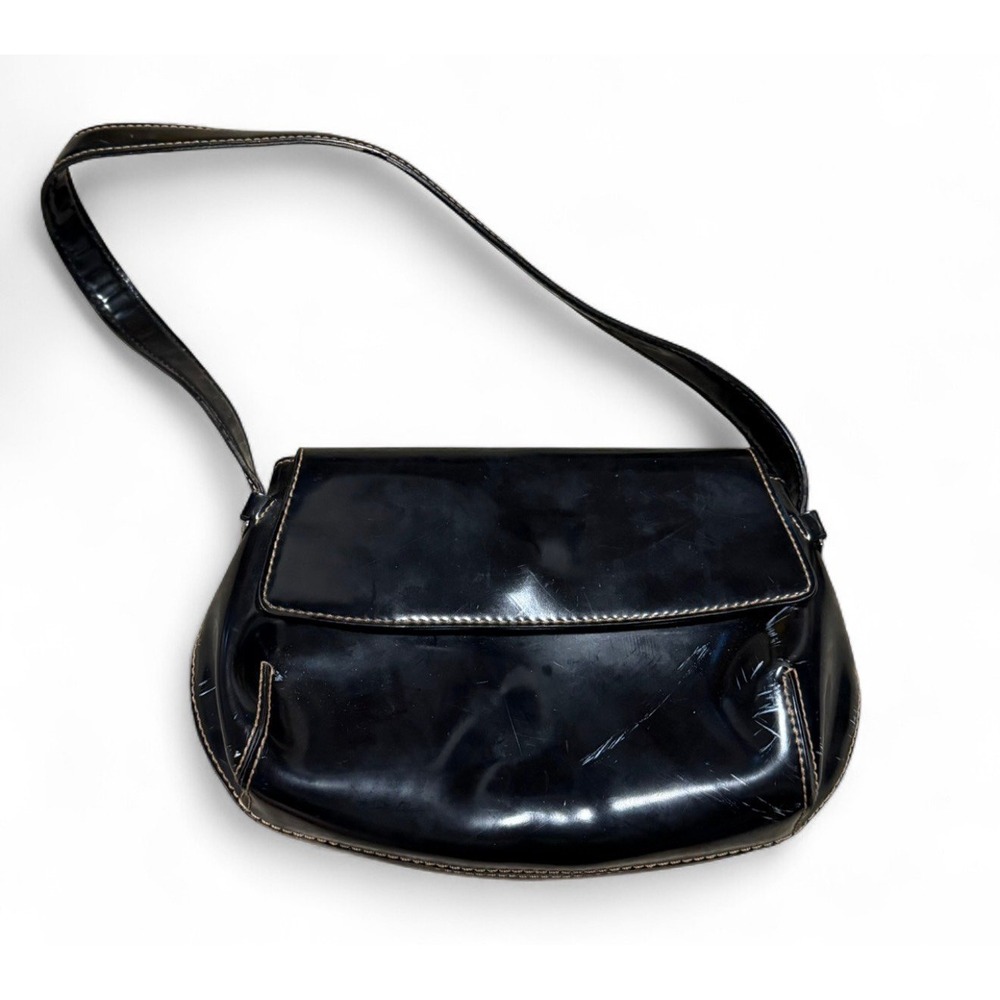 DKNY Black Patent Leather Shoulder Bag Flap Purse Y2K Mini Handbag